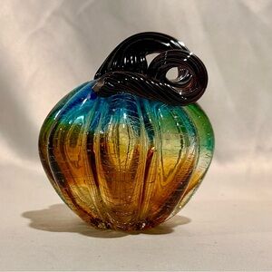 Vintage Gold and Blue Crackle Art Glass Pumpkin Decoration